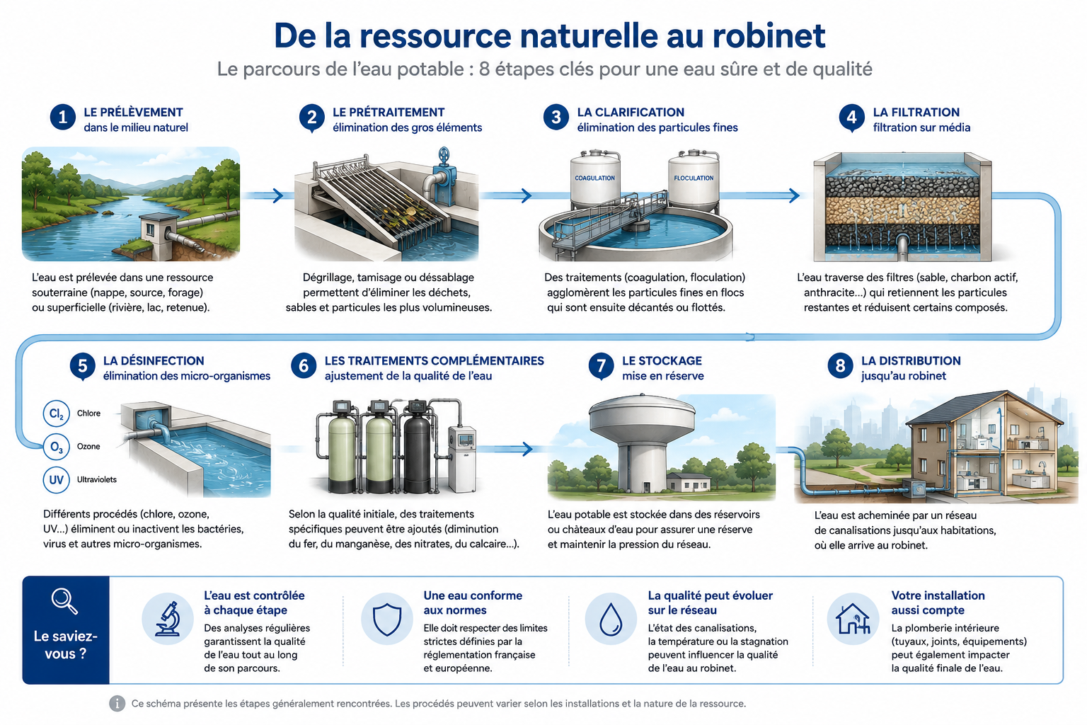 Schéma du parcours de l'eau depuis la ressource naturelle jusqu'au robinet